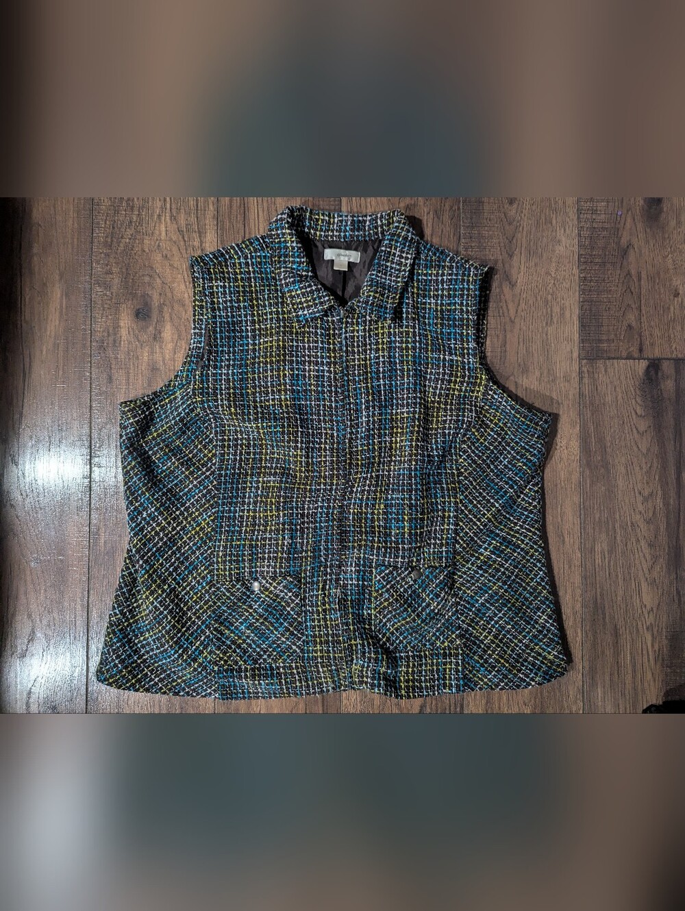 CJ Banks Brown Blue Yellow Plaid Knit Tweed Zip Up Womens Collared Vest Sz 3X